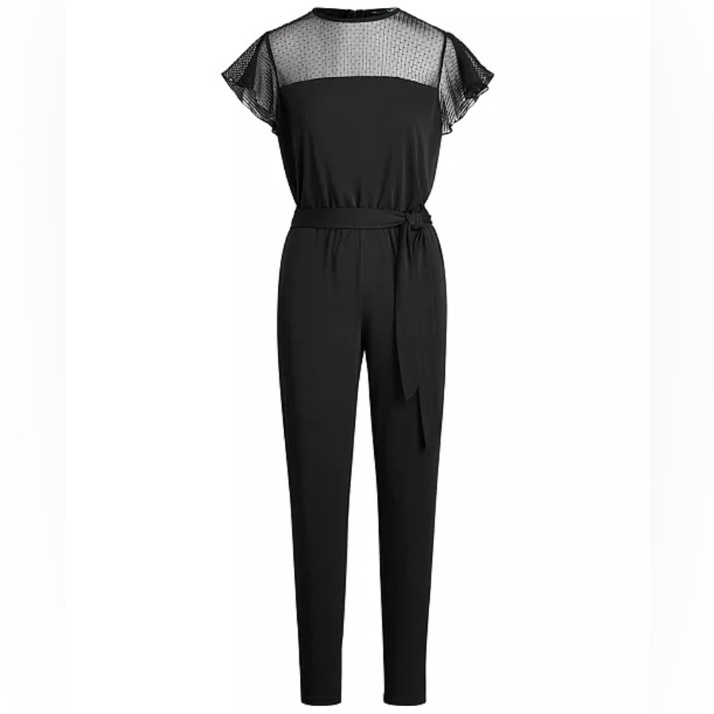 LAUREN Ralph Lauren Mesh-Yoke Jersey Jumpsuit in Black size XS